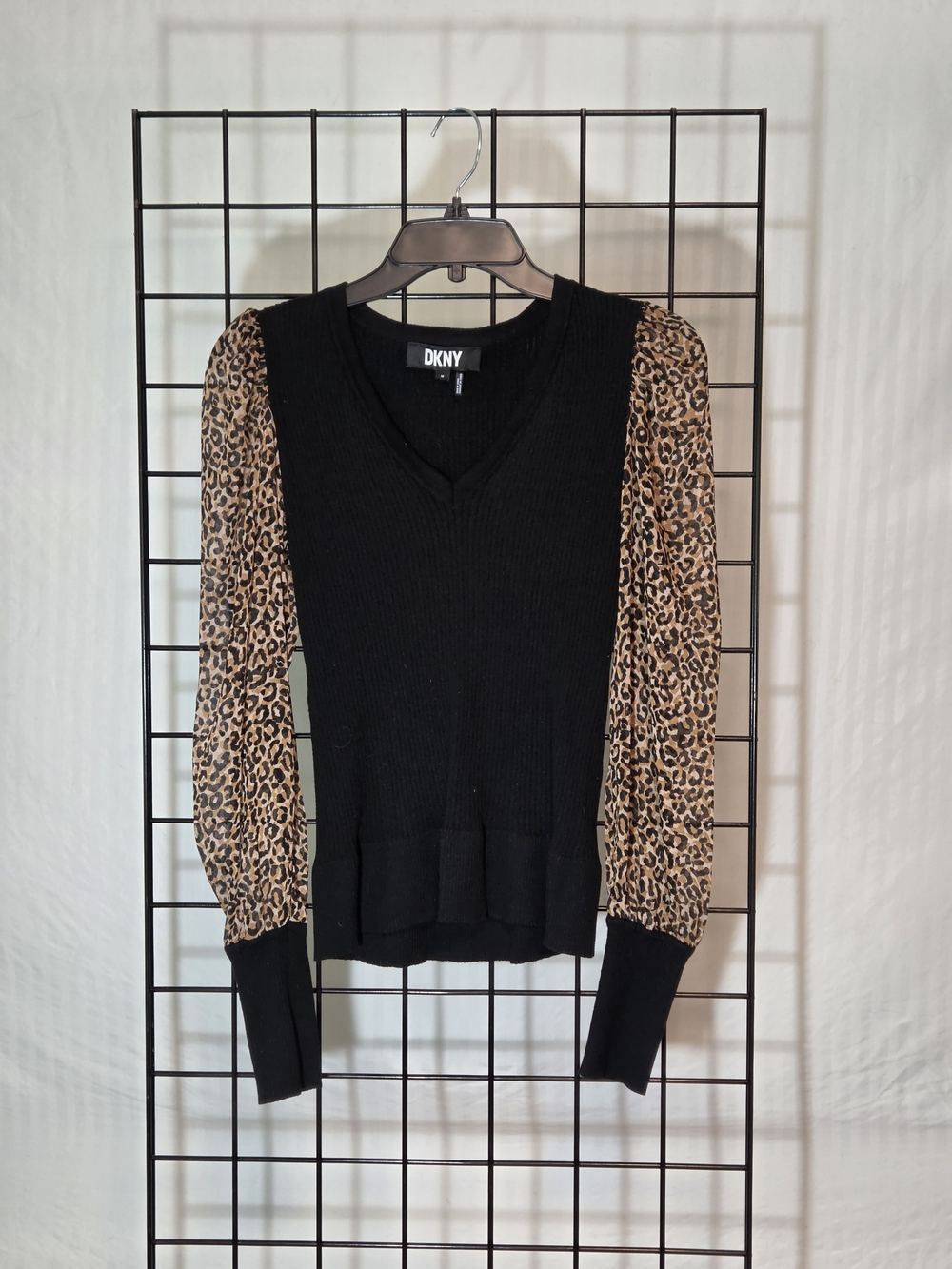 DKNY Black Sweater with Leopard-Print Brown Sleeves
